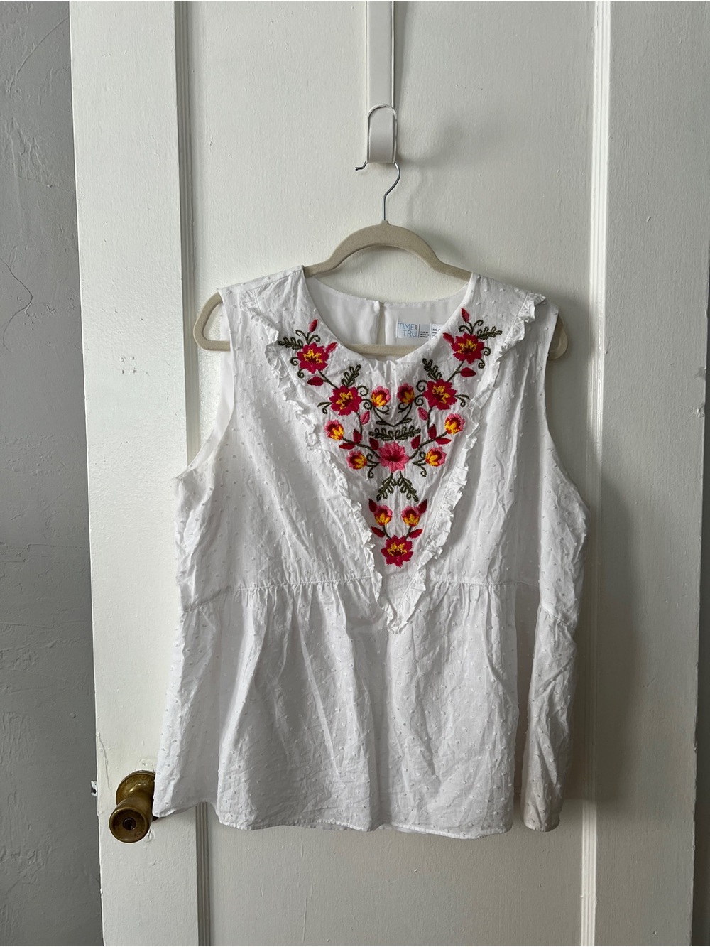 Time and Tru White Sleeveless Eyelet Top with Pink & Yellow Floral Embroidery